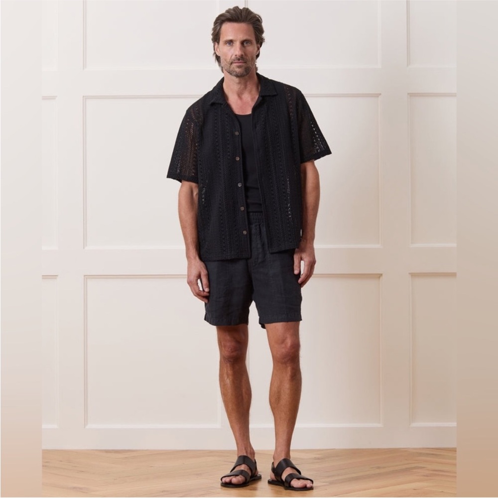 TODD SNYDER Relaxed Open-Knit Embroidered Cabana Polo Black Top | XL